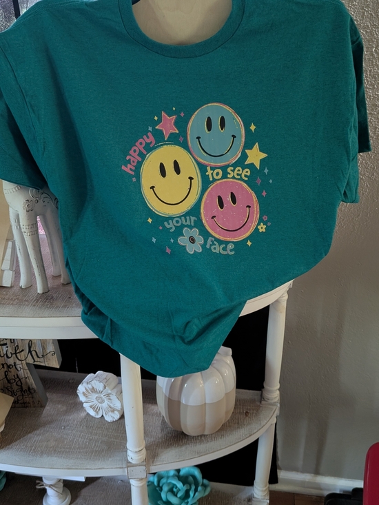 Gildan Tops - Gildan Teal Graphic Tee with Yellow Pink and Blue Smiley Faces